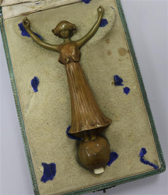 A novelty French painted bronze bell pull, c.1930s, signed Loichener